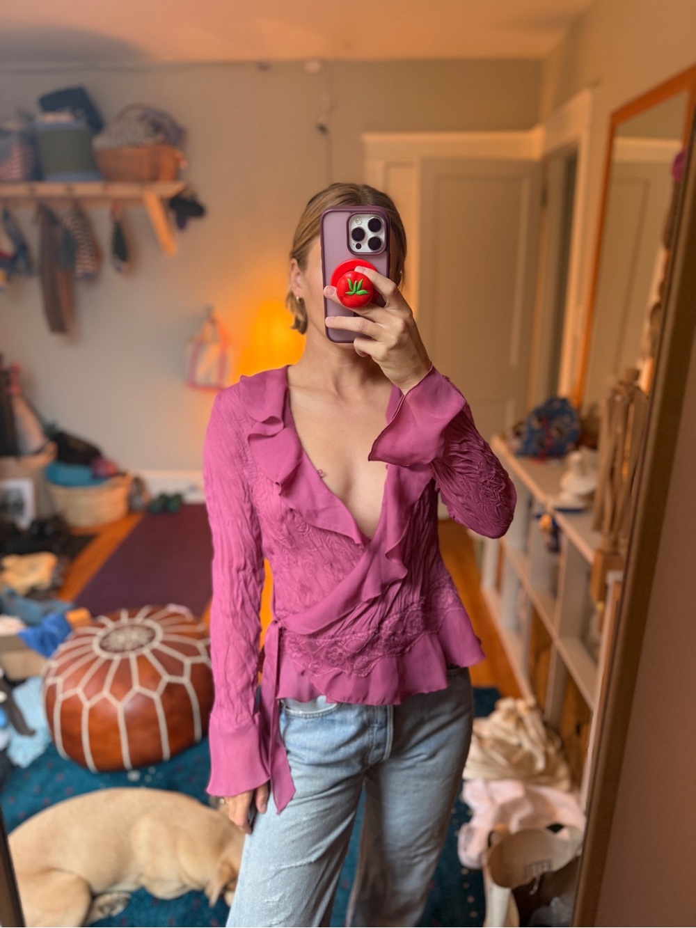 Allison Taylor y2k Magenta Wrap Blouse with Ruffle Trim